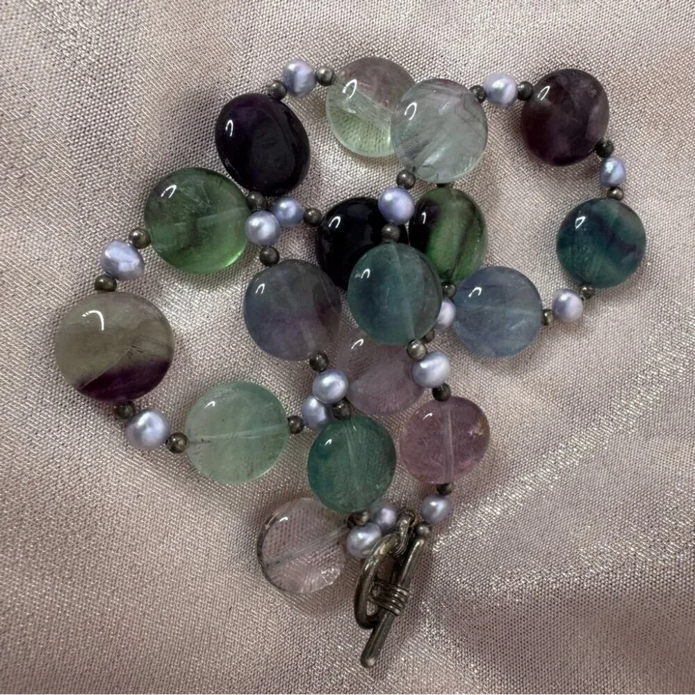 Fluorite necklace toggle beaded purple green blue crystal geode rock luxe